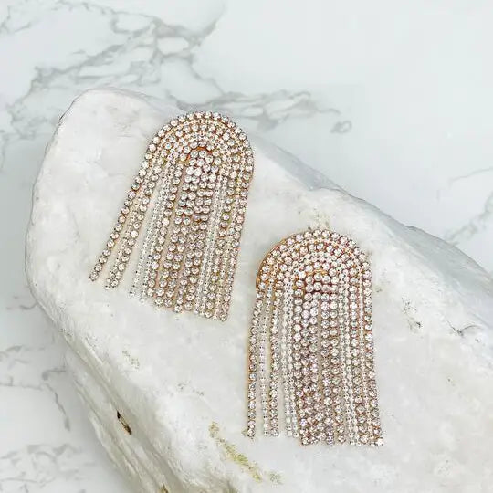 Rhinestone Arch Chain Fringe Drop Earrings