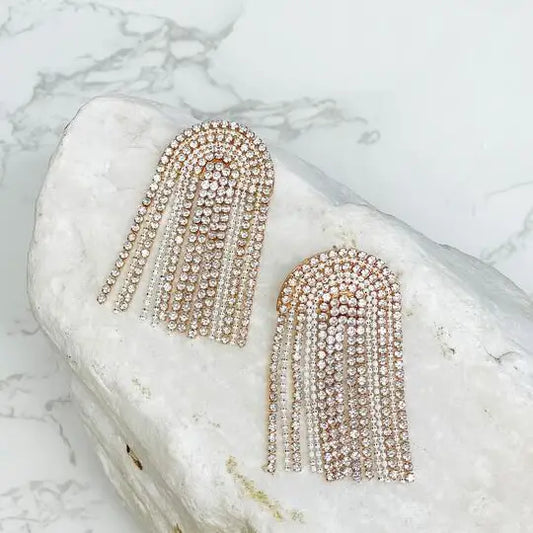 Pendientes colgantes con flecos y cadena de arco con diamantes de imitación