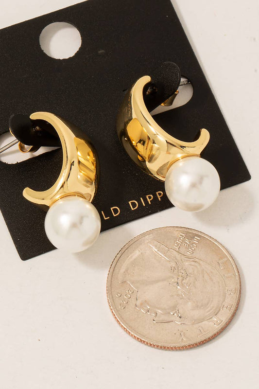 Gold Dipped Pearl Charm Wide Hoop Earrings