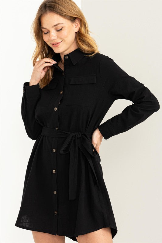 Casually Chic Tie Belt Button Up Mini Dress