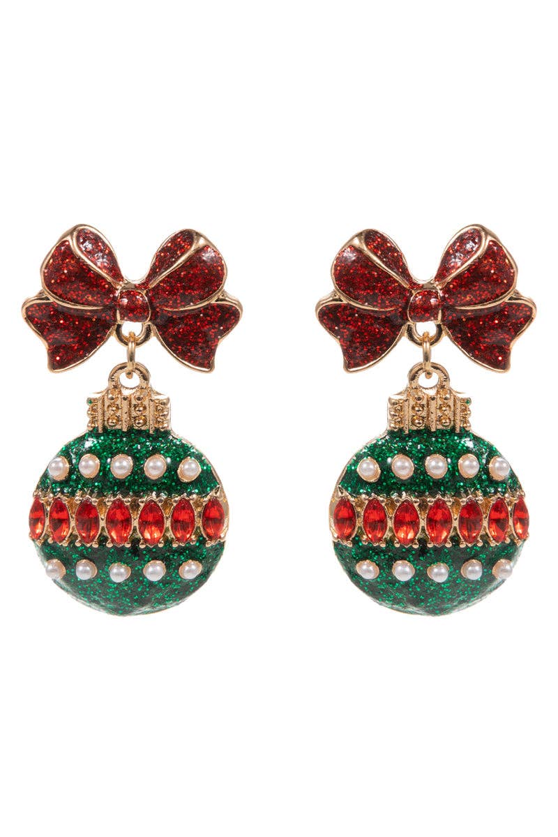 Red and Green Rhinestone Bow and Ornament Earring
