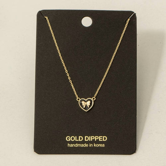 Gold Dipped Enamel Ribbon Bow Heart Pendant Necklace