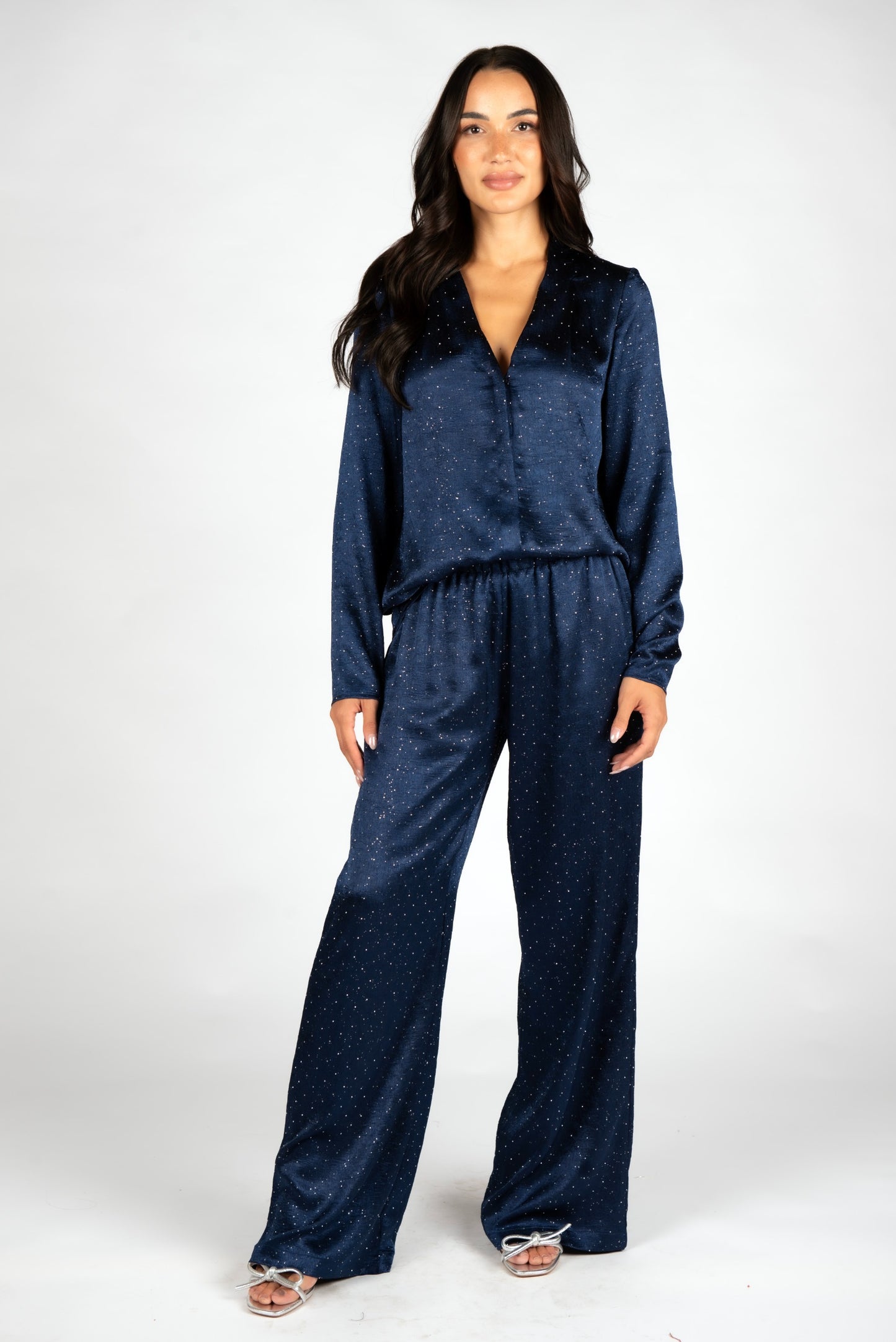 Billie Embellished Navy Satin Pants