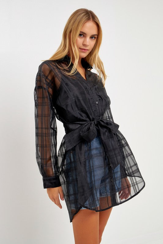 Checked Organza Tie Blouse