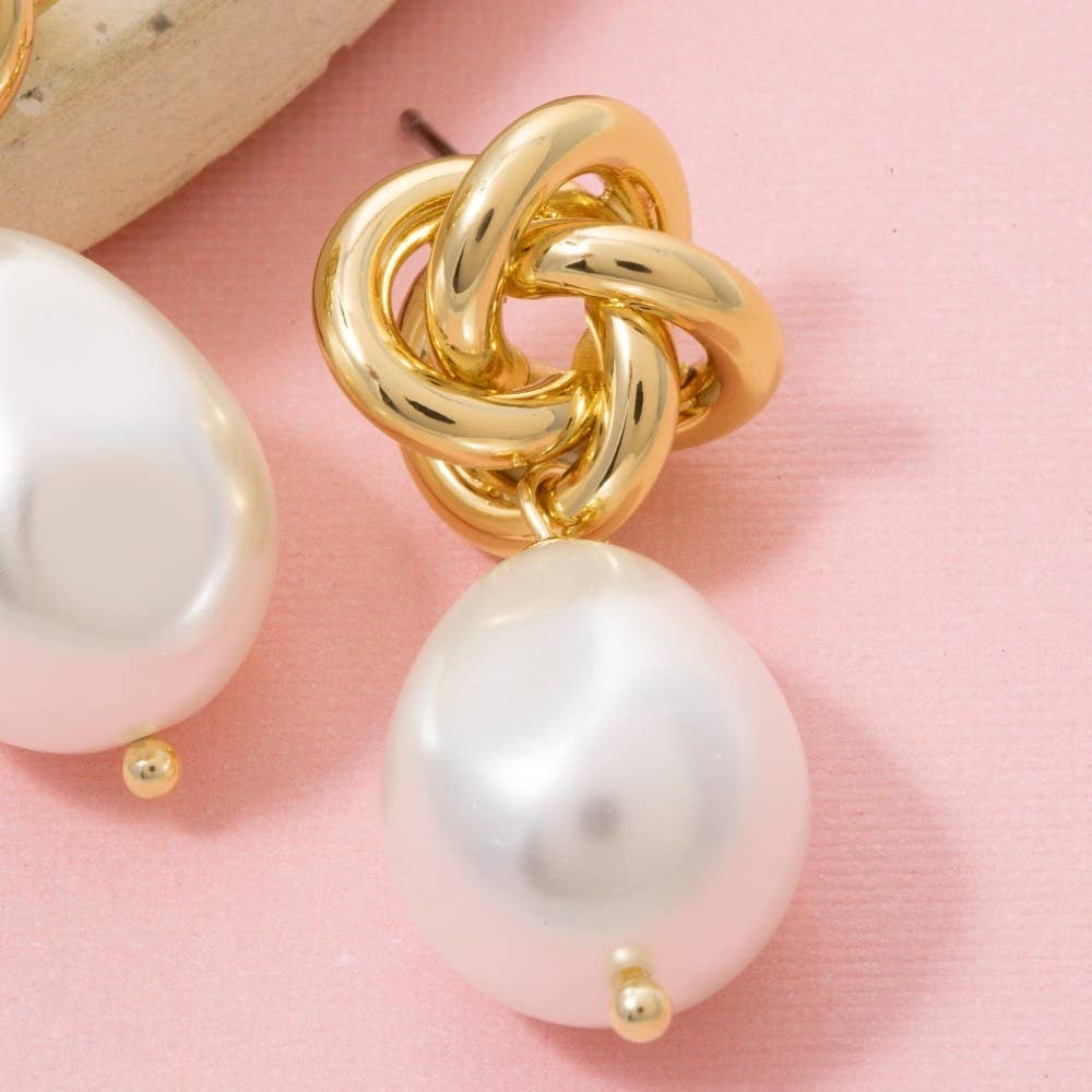 Gold Dipped Knot And Pearl Bead Stud Dangle Earrings