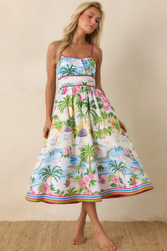Paradisa Catalina Pink Muti Cotton Linen Poolside Print Midi Dress