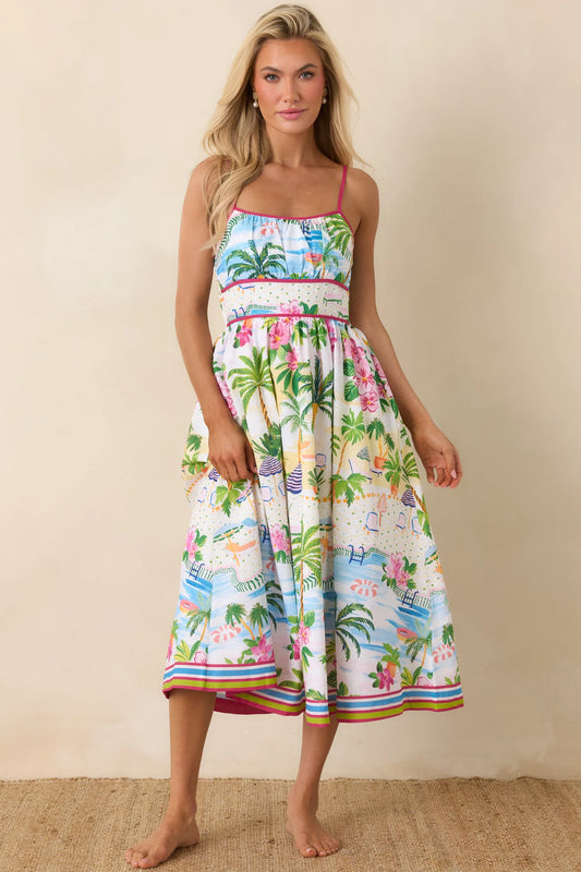 Paradisa Catalina Pink Muti Cotton Linen Poolside Print Midi Dress