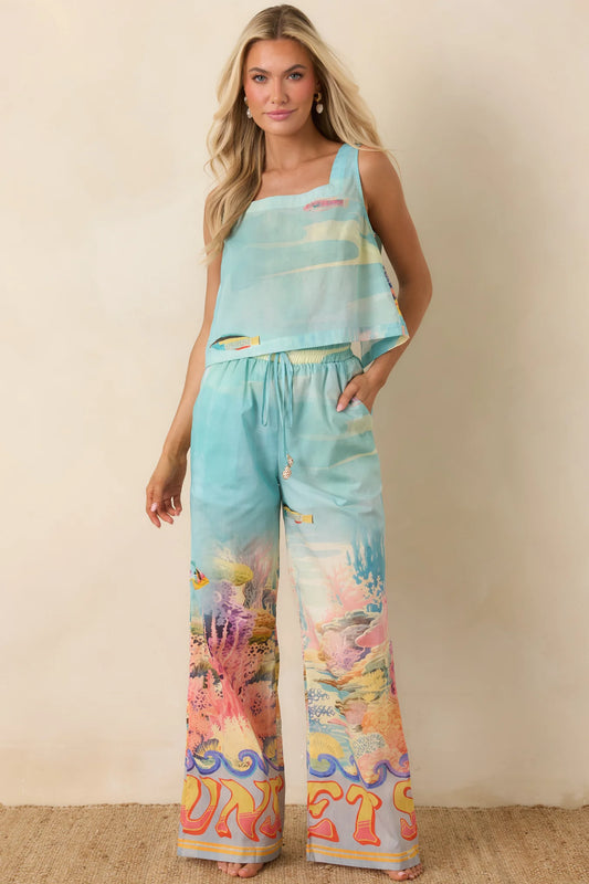 Paradisa Gulf Coast Blue Multi Cotton Reef Print Pants