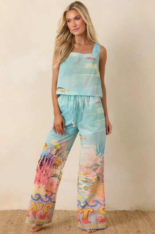 Paradisa Bahia Bay Blue Multi Cotton Reef Print Open Back Top