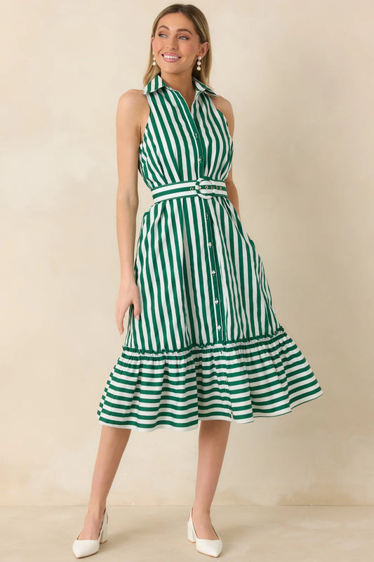 Prosperina Lourdes Green Stripe Cotton Sleeveless Midi Dress