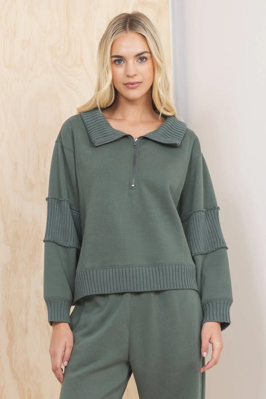 Olive Ribbed Fleece Quarter Zip