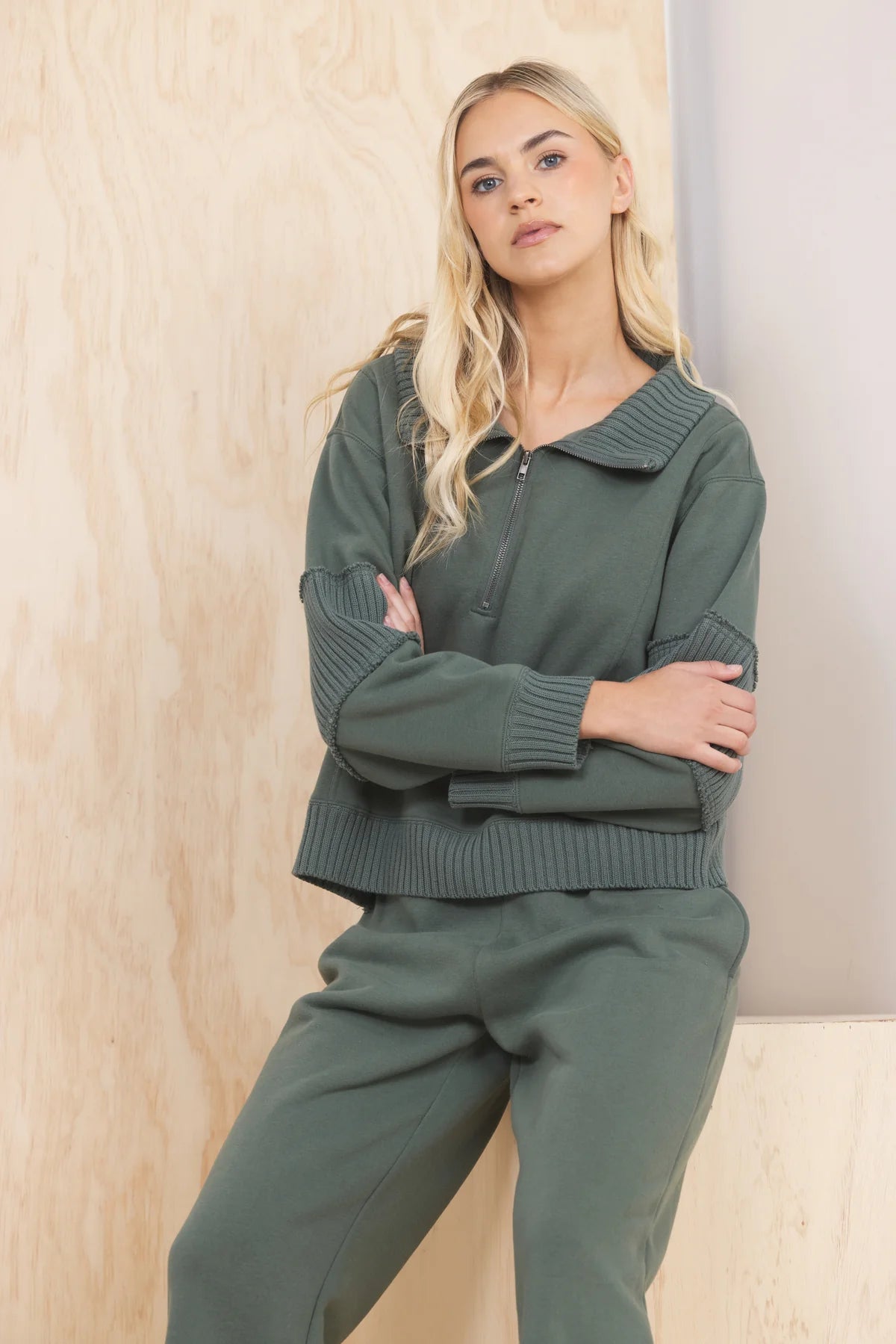Olive Ribbed Fleece Quarter Zip