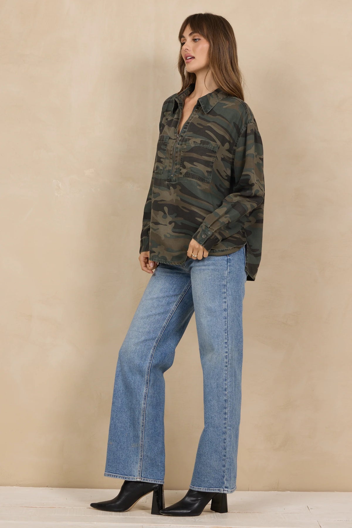 Forest Camo Tencel Quarter Zip Top