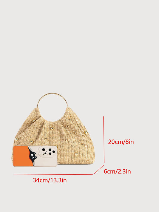 Studded Straw Ring Handle Handbag