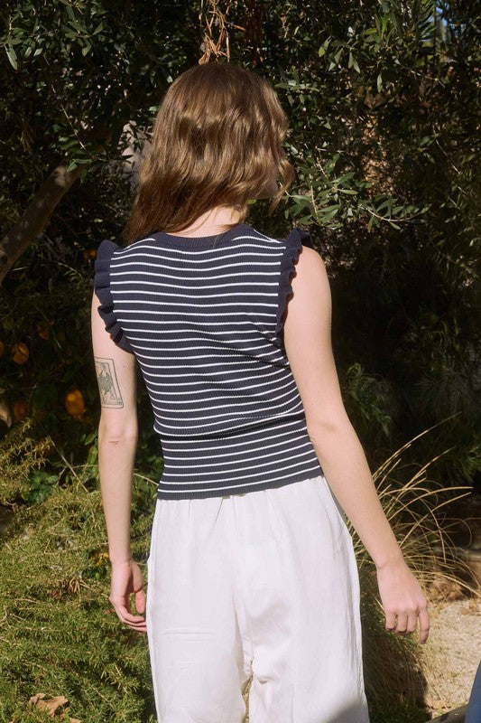 Stripe Ruffle Trim Sleeveless Sweater Tank