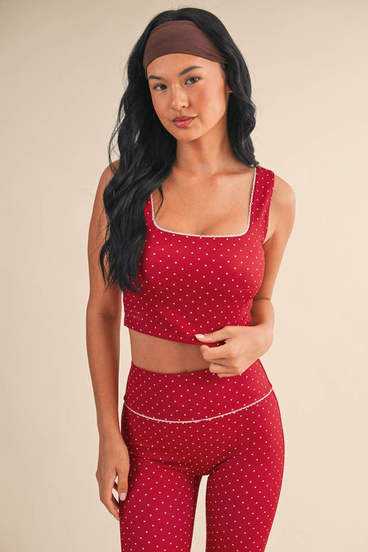 Polka Dot Print Crop Tank with Lace Trim