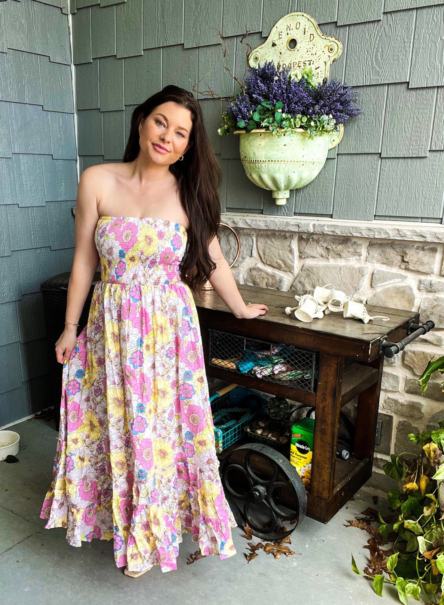 London Floral Smocked Tube Midi Dress