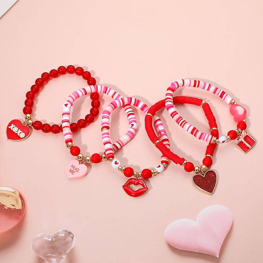 Valentine Heart Charm Beaded Stretch Multi Layered Bracelets