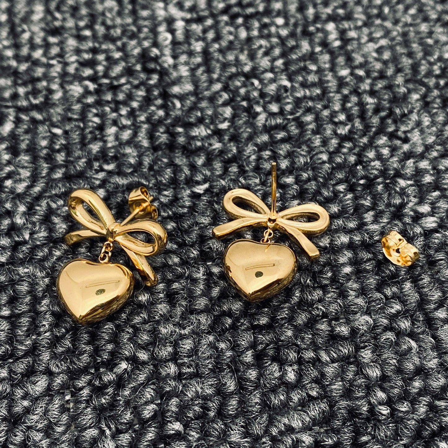 18K Gold Plated Heart Shape Charm Bow Post Earrings
