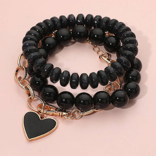 Black Enamel Heart Charm Chain Stretch Beaded Multi Layered Bracelets