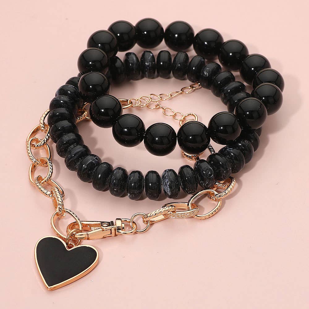 Black Enamel Heart Charm Chain Stretch Beaded Multi Layered Bracelets