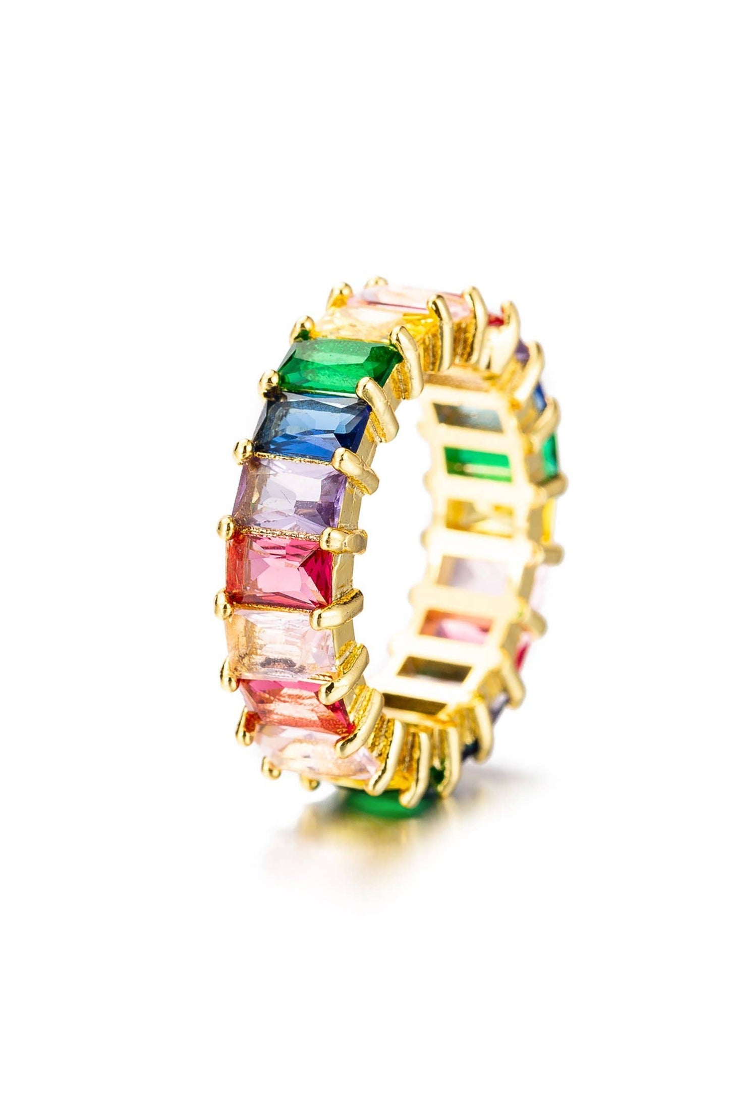 A gold tone brass ring adorned with multicolored square-shaped CZ crystals.