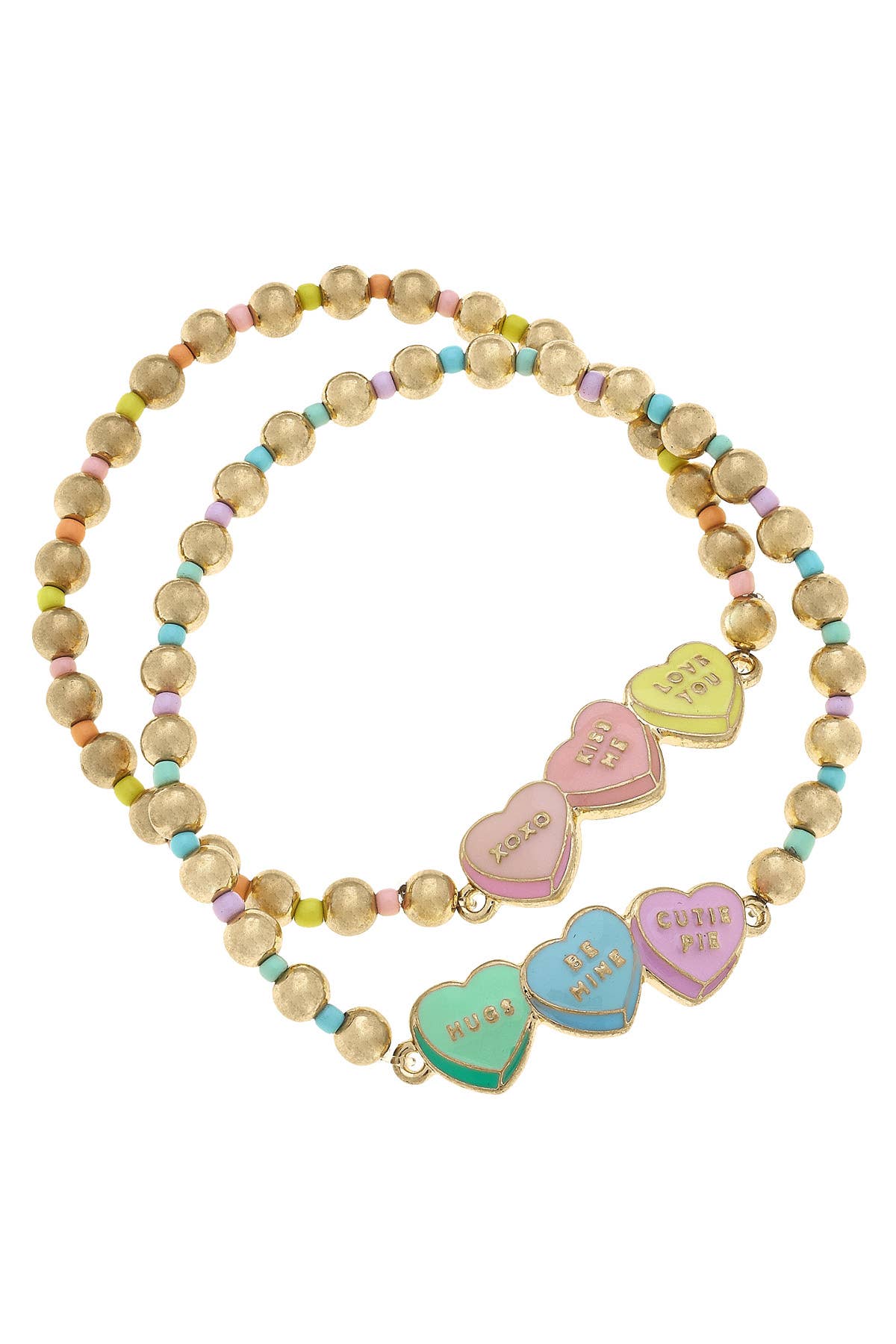 A pair of stretch bracelets featuring pastel enamel hearts and metallic beads with gold plating.