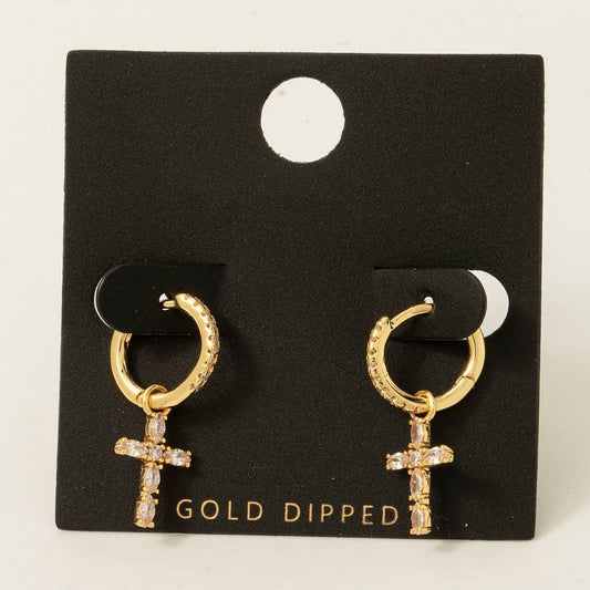 Gold Dipped Baguette Cross Charm Hoop Earrings