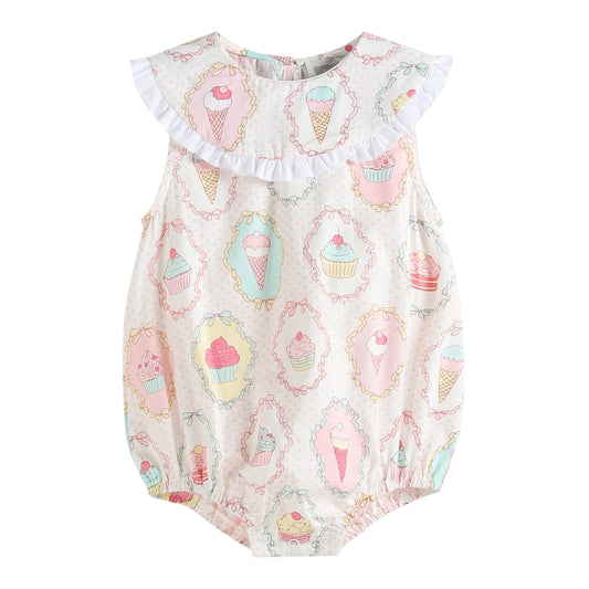 Sweet Bakery Print Cupcake Collared Bubble Romper
