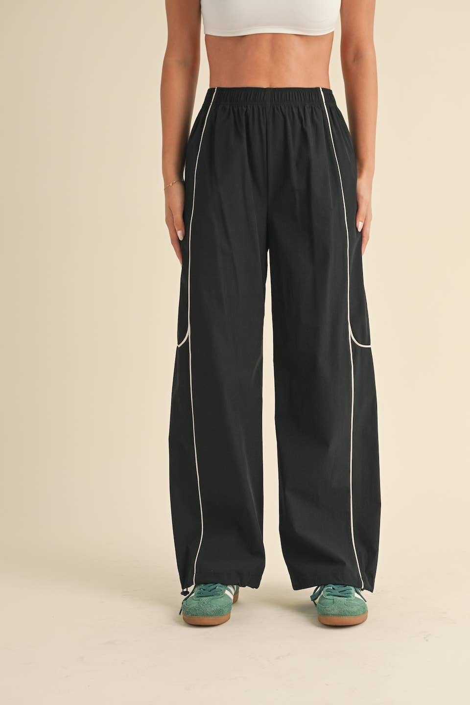 Black Nylon Track Pants with Contrast Piping
