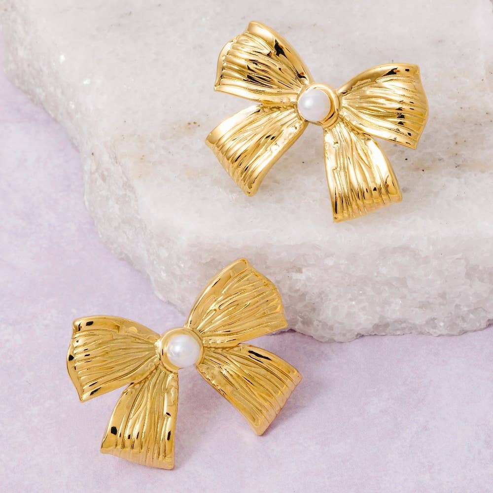 Gold Dipped Pearl Stud Ribbon Bow Large Stud Earrings