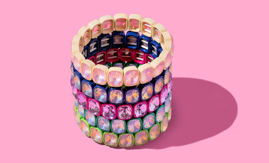 Layla Pink Enamel Stretch Bracelet Large Rectangle Stones