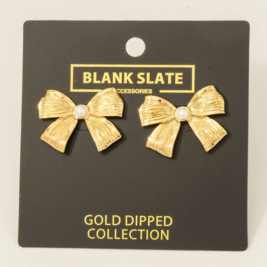 Gold Dipped Pearl Stud Ribbon Bow Large Stud Earrings