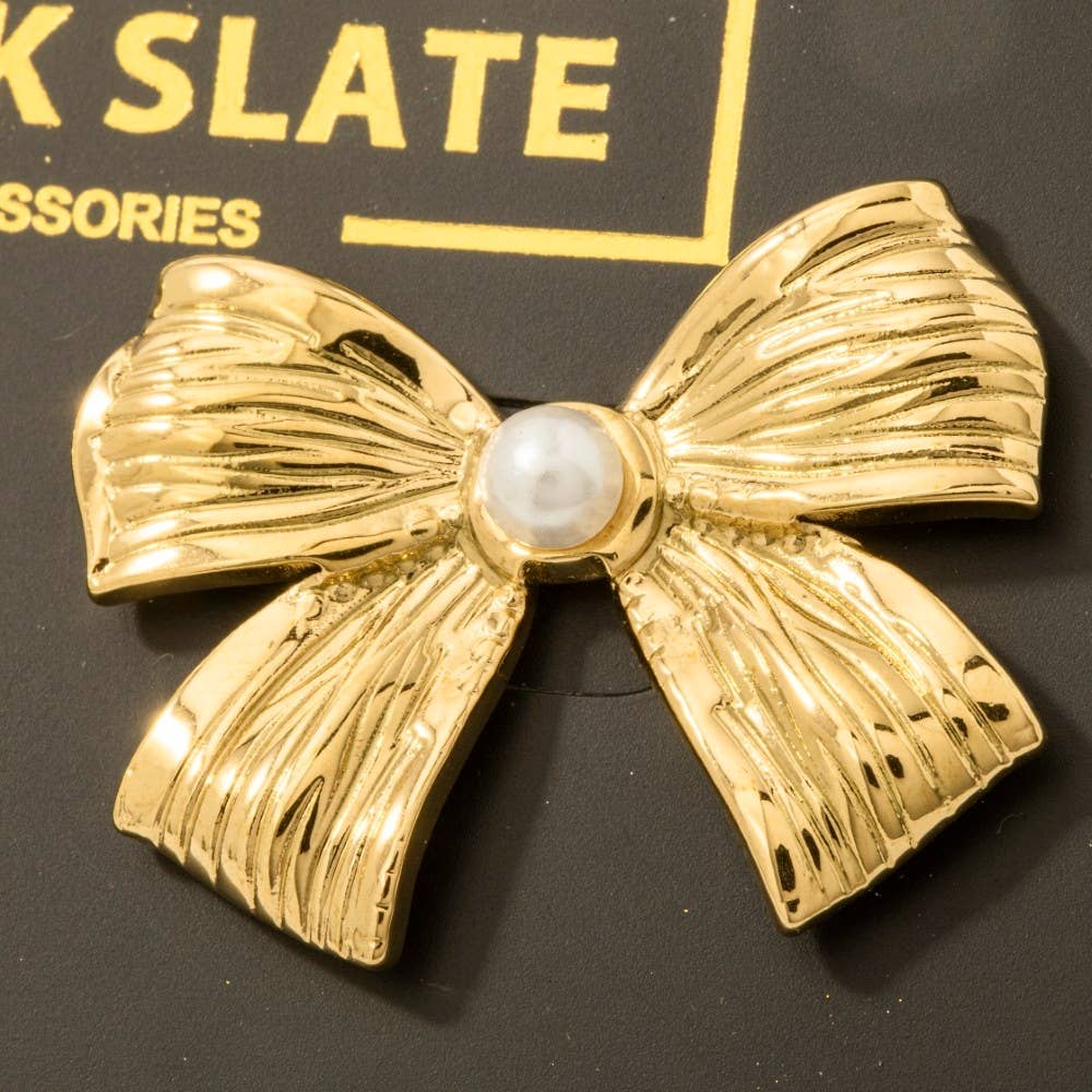 Gold Dipped Pearl Stud Ribbon Bow Large Stud Earrings