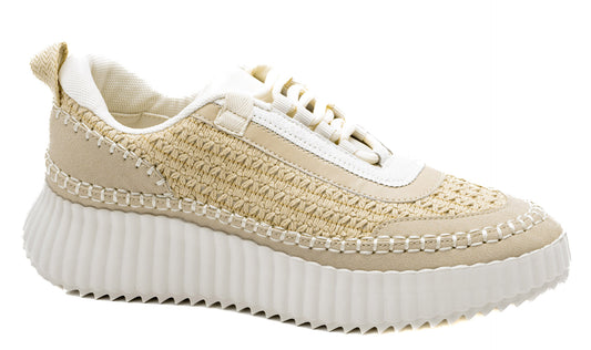 A pair of beige woven sneakers with lace-up closure and a thick white sole.
