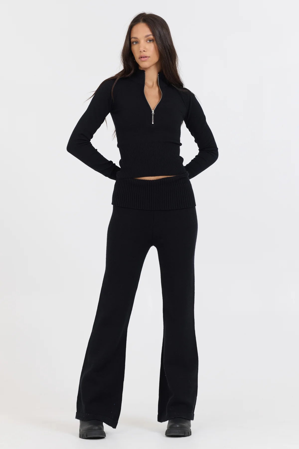 Black Knit Fold Over Flare Pant