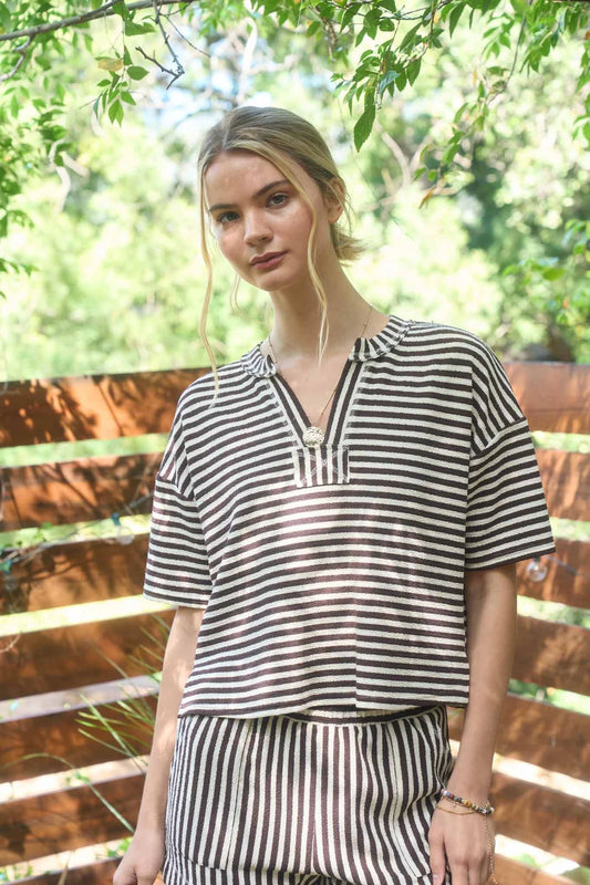 Brown Stripe Short Sleeve Boxy Knit Tee