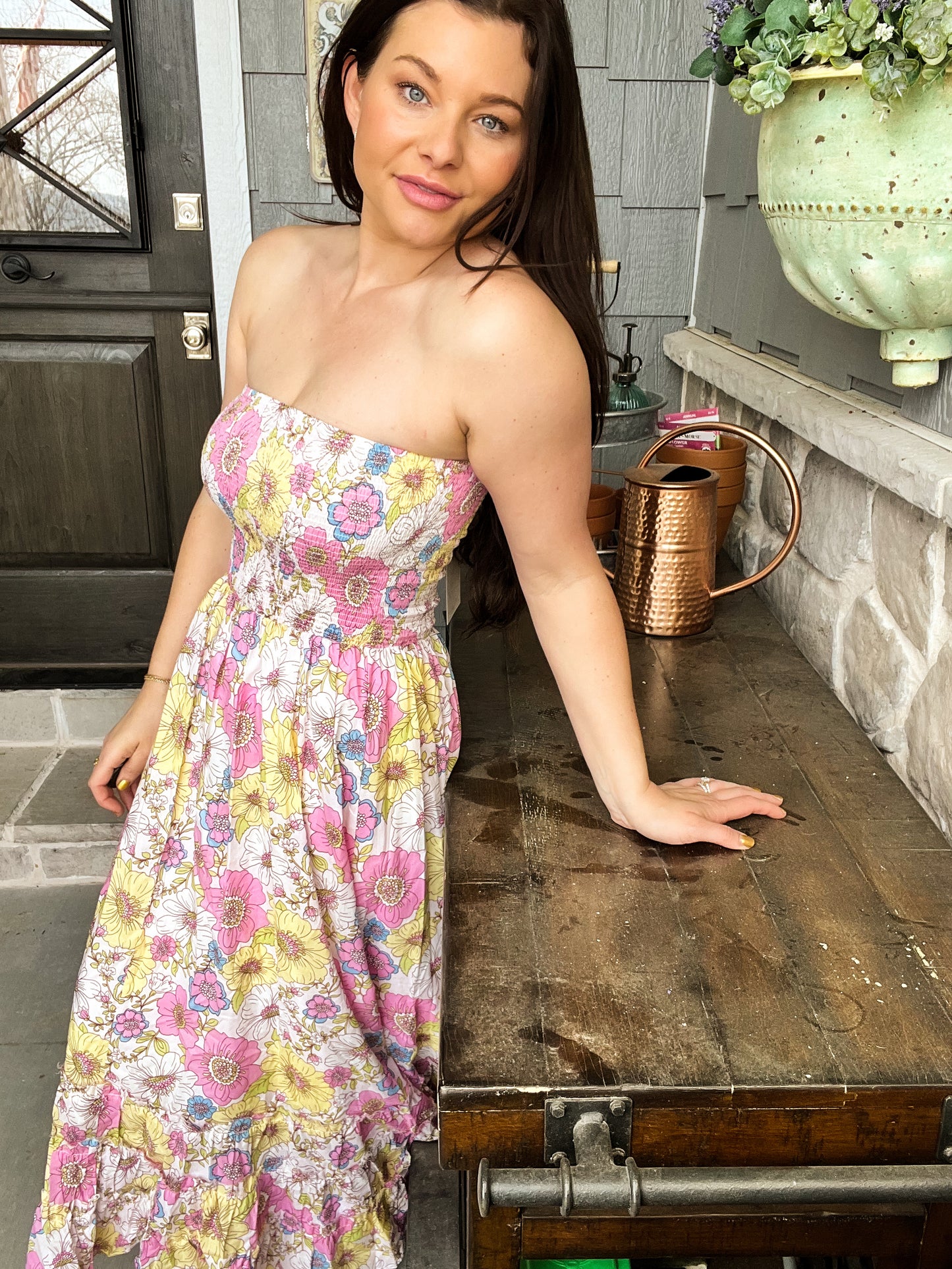 London Floral Smocked Tube Midi Dress