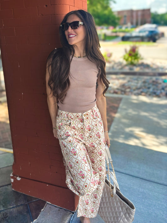 Jacquard Floral Print Barrel Jeans