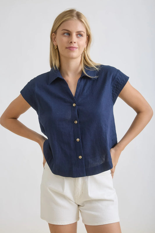 Navy Way Linen Button Down Top