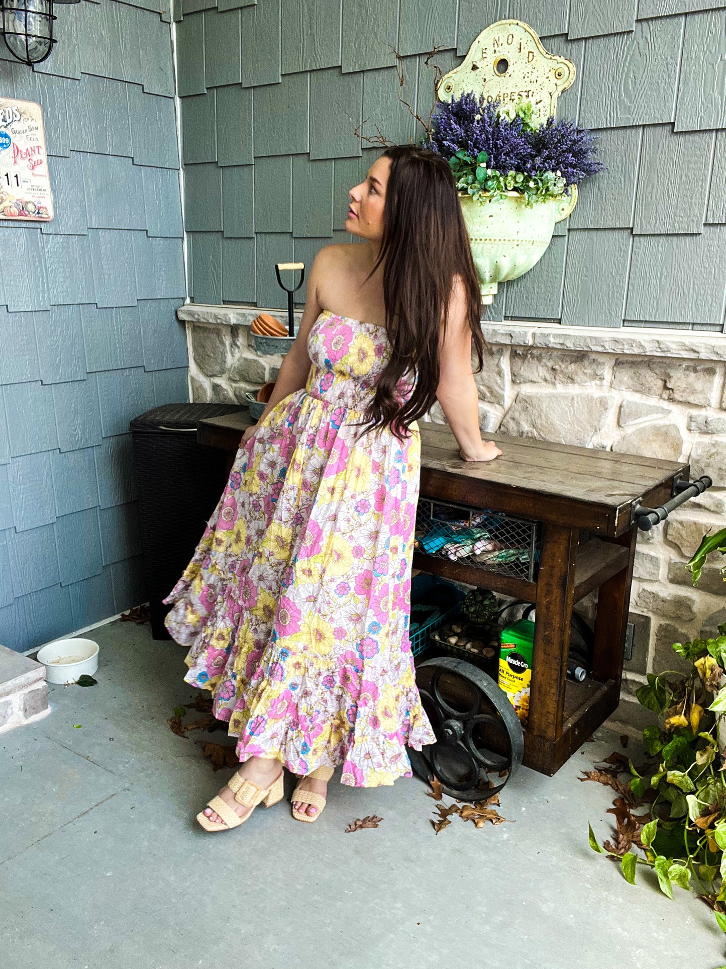 London Floral Smocked Tube Midi Dress