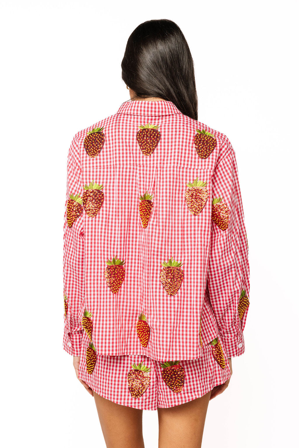 Red & White Gingham Beaded Strawberry Button Up