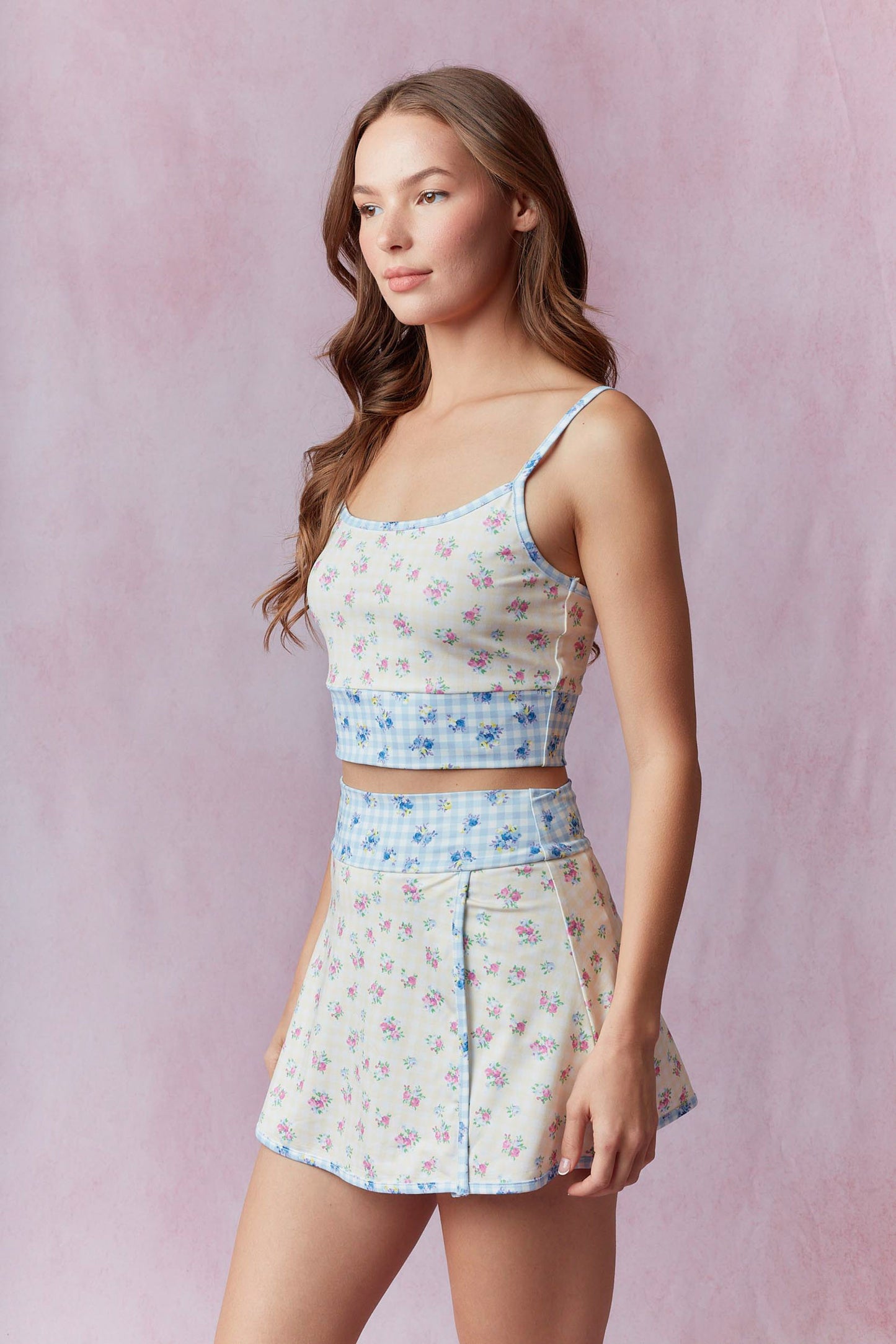 Gingham Floral Print Patchwork Sporty Crop Top