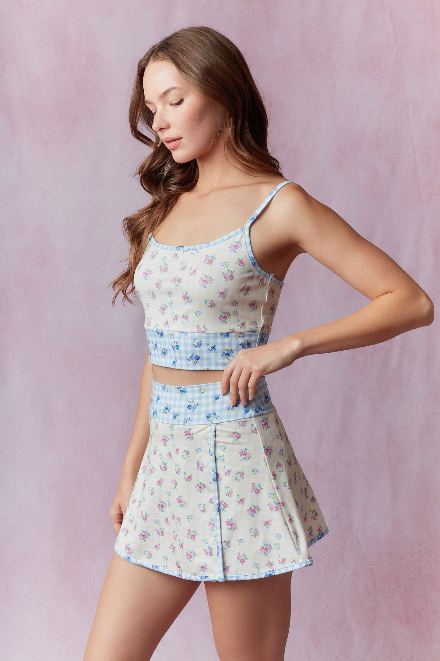Gingham Floral Print Patchwork Sporty Mini Skort