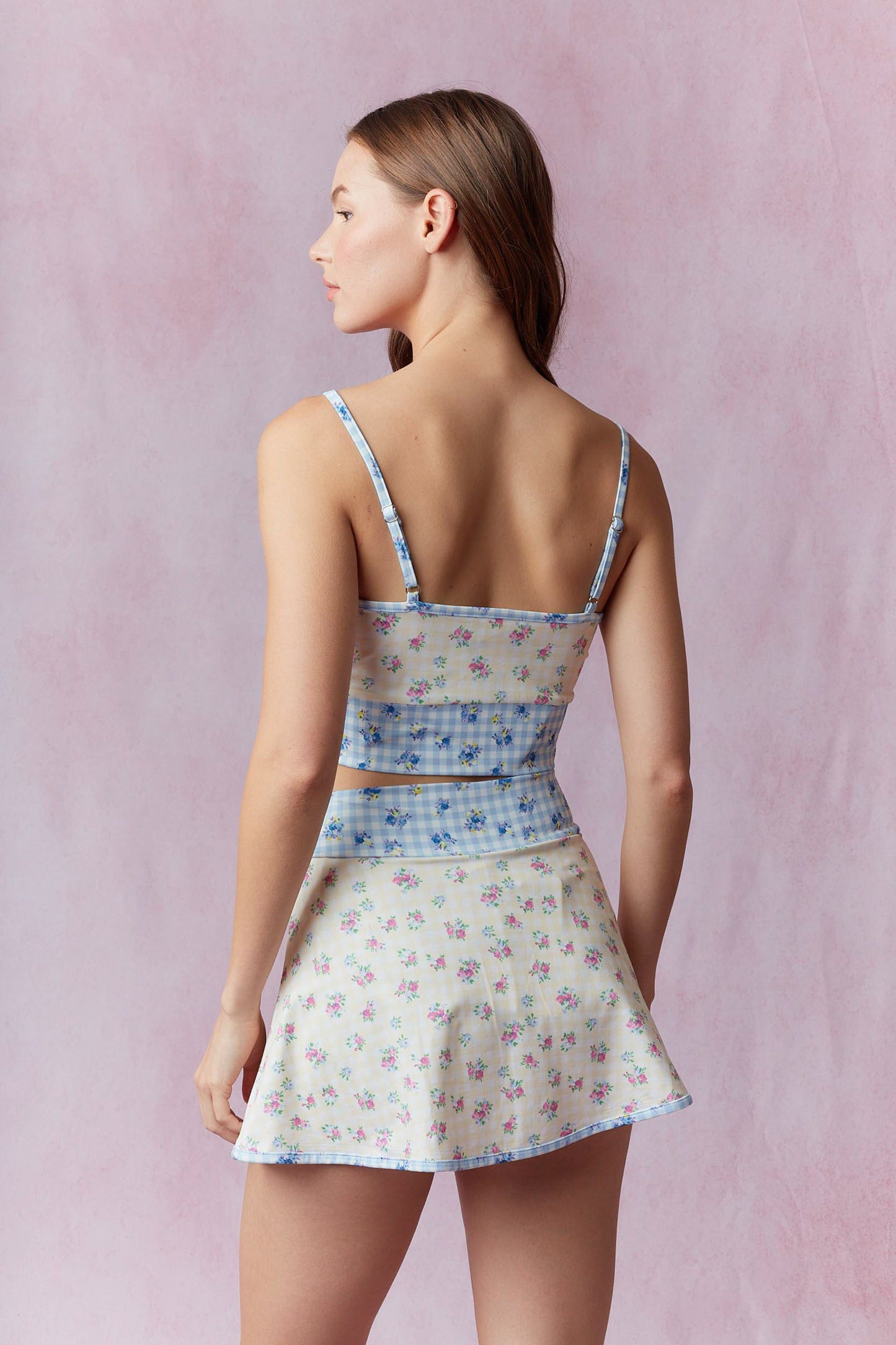 Gingham Floral Print Patchwork Sporty Crop Top
