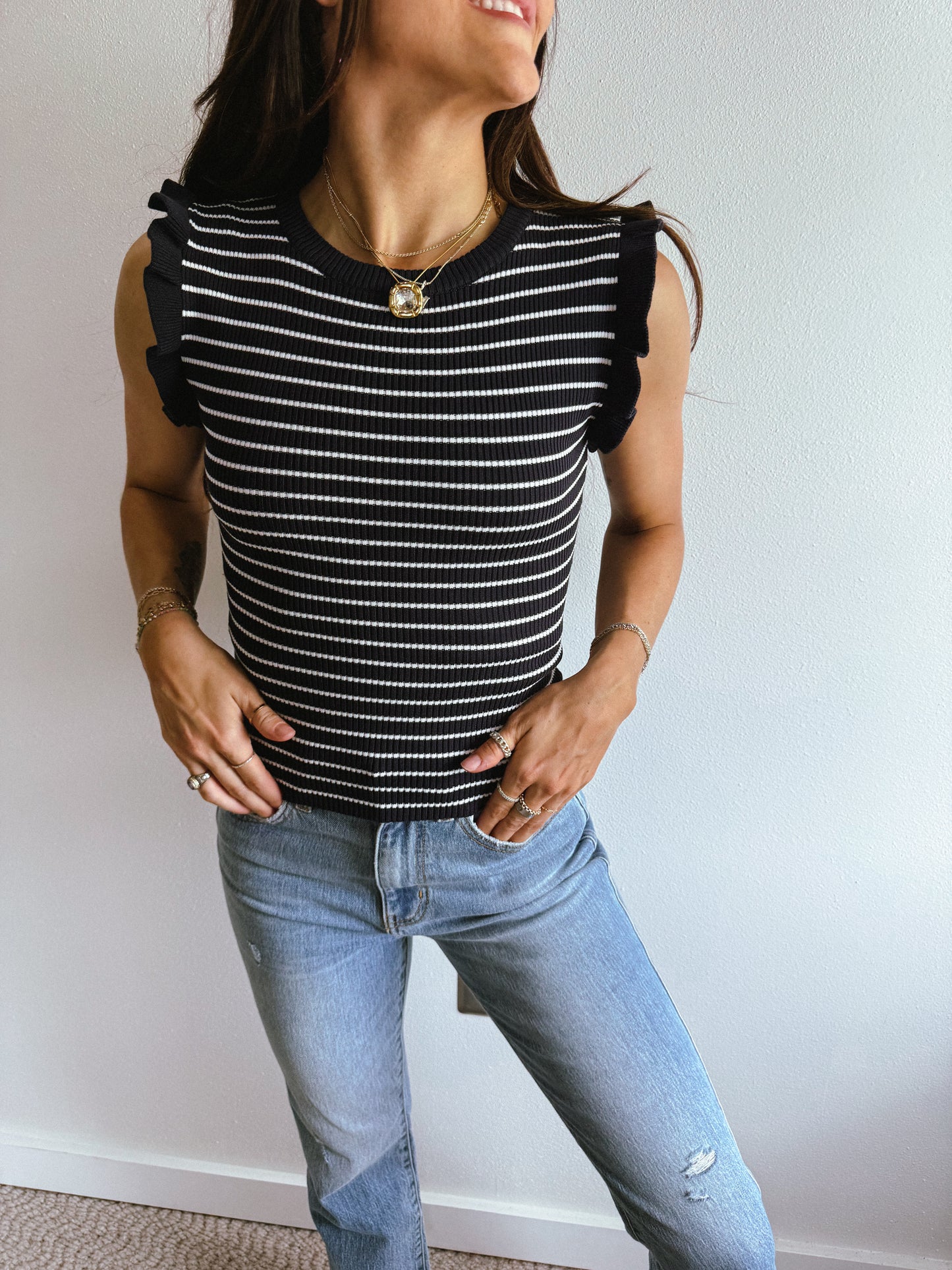 Stripe Ruffle Trim Sleeveless Sweater Tank