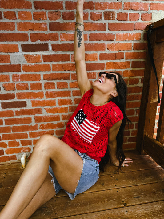 American Flag Crochet Knit Sweater Top