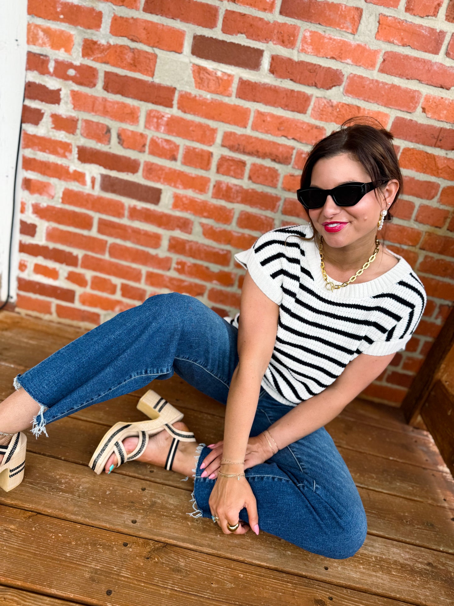 Stripe Crew Neck Short Sleeve Knit Pullover