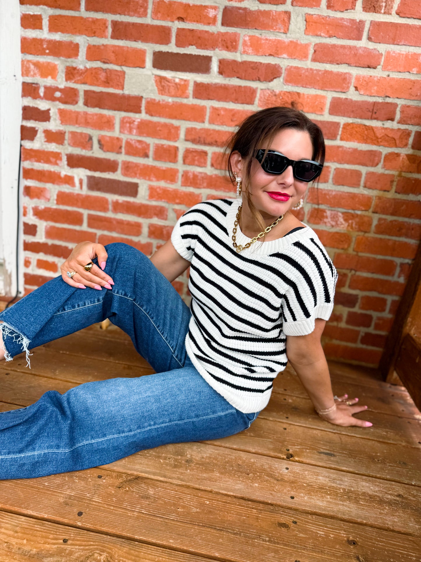 Stripe Crew Neck Short Sleeve Knit Pullover