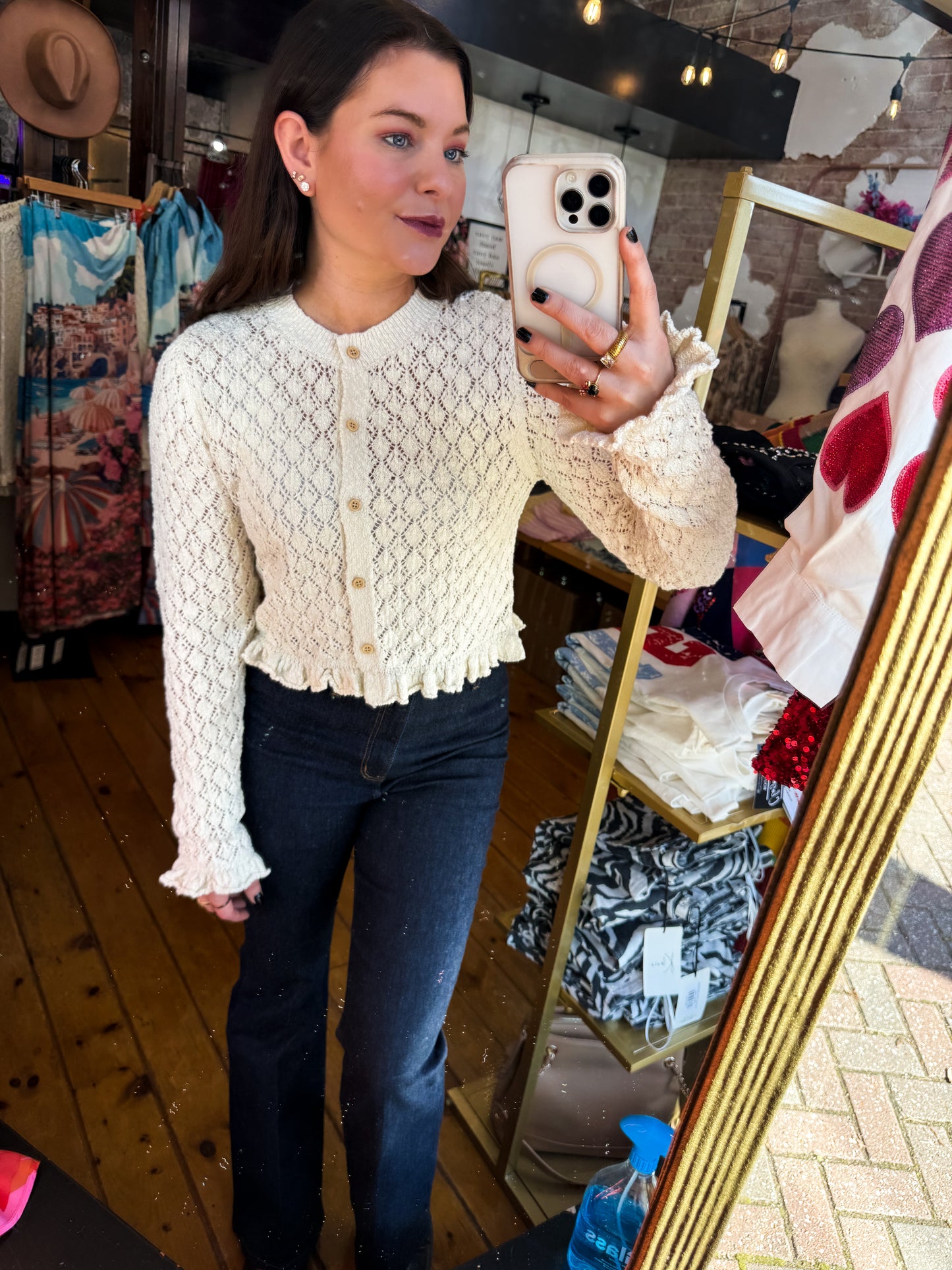 Eyelet Knit Ruffle Hem Cardigan